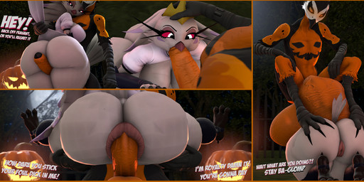 anal anal_penetration angry anthro anus assisted_exposure balls big_anus big_balls big_breasts big_butt big_penis bottomwear breasts butt butt_grab clothed clothing clothing_lift cock_vore crown dialogue dominant dominant_male dress duo fatal_vore feathers feet female flexible food foot_on_butt forced forced_exposure forced_oral foreskin foreskin_play fruit genitals glowing glowing_eyes hand_on_butt headgear helpless hot_dogging huge_balls huge_penis jack-o'-lantern light looking_back male male/female moonlight night nude_male oral oral_penetration orange_body orange_eyes orange_feathers partially_clothed partially_clothed_anthro partially_clothed_female penetration penile penile_penetration penis pink_clothing pink_dress plant pumpkin pumpkin_patch queen questionable_consent rape rear_view royalty rude sex size_difference skirt skirt_lift splits spread_legs spreading submissive submissive_female tail tail_feathers text thigh_sex tiara vore white_body white_feathers furchev valorlynz_(modeler) warfaremachine_(modeler) hellaverse helluva_boss cedric_nightshade_(furchev) stella_(helluva_boss) avian bird corvid corvus_(genus) crow demon oscine owl owl_demon passerine 3d_(artwork) absurd_res comic digital_media_(artwork) english_text hi_res source_filmmaker_(artwork)
