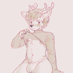 anthro bodily_fluids bulge clothed clothing male nipples raised_clothing raised_topwear solo sweat topwear tuft eddie_(artist) par_the_deer deer mammal 1:1 absurd_res hi_res