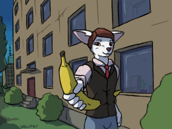 accessory anthro apartment_building banana clothing food fruit gift male necktie offering_to_viewer outside plant shrub solo veuper ushan_(smashhug) domestic_cat felid feline felis mammal oriental_shorthair 4:3