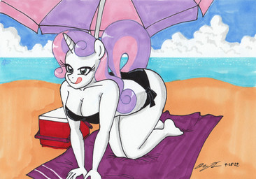 all_fours anthro bare_shoulders barefoot beach beach_parasol beach_towel big_breasts bikini black_bikini black_clothing black_swimwear breasts cleavage clothed clothing cloud cooler feet female fur hair horn legs_together licking licking_lips multicolored_hair narrowed_eyes pink_hair purple_hair sea sky solo strapless_bikini strapless_clothing strapless_swimwear suggestive_pose swimwear thick_thighs tongue tongue_out towel two-piece_swimsuit two_tone_hair water white_body white_fur newyorkx3 friendship_is_magic hasbro my_little_pony mythology sweetie_belle_(mlp) equid equine mammal mythological_creature mythological_equine unicorn 2024 hi_res traditional_media_(artwork)
