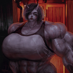 abs big_breasts big_muscles biped blank_stare breasts butt clothed clothing collarbone deltoids door eyelashes female hair horn huge_muscles lips lipstick makeup muscular muscular_arms muscular_female navel neck_muscles open_mouth orange_eyes orange_lighting outside pecs pecs_with_breasts purple_body purple_hair purple_skin red_lipstick short_hair short_horn small_horn solo standing straight_hair teeth topwear vein veiny_muscles wall_(structure) white_clothing white_topwear wood wood_wall simple_ten asian_mythology east_asian_mythology japanese_mythology mythology plus-sized_elf oga_(plus-sized_elf) demon humanoid oni yokai 1:1 2026 absurd_res digital_media_(artwork) digital_painting_(artwork) half-length_portrait hi_res painting_(artwork) portrait shaded soft_shading