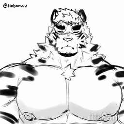 abs anthro bouncing_pecs confusion eye_scar facial_hair facial_scar fur goatee looking_at_viewer male muscular muscular_anthro muscular_male nipples pecs question_mark scar snout snout_scar solo striped_body striped_fur stripes text twitter_handle heboruuu arknights hypergryph studio_montagne mountain_(arknights) felid mammal pantherine tiger 1:1 2023 animated animated_gif artist_name digital_media_(artwork) ibispaint_(artwork) loop short_playtime