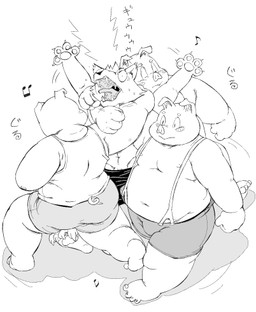 anthro barely_visible_genitalia belly blush bodily_fluids bulge butt clothing genitals group humanoid_hands kemono male moobs nipples overweight overweight_male simple_background suspenders sweat underwear white_background meg_hoi canid canine canis domestic_pig mammal suid suine sus_(pig) wolf 2015 low_res monochrome