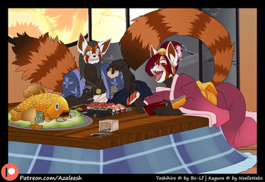 alcohol beverage drinking drunk duo eating food patreon_logo sake substance_intoxication sushi text azaleesh patreon kagura toshihiro ailurid mammal red_panda 2018 digital_media_(artwork) url