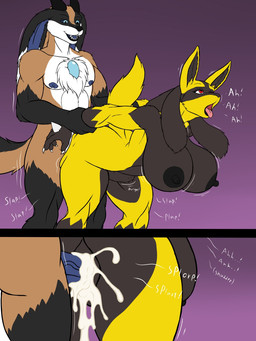 abdominal_bulge anthro anthro_on_anthro areola arm_pull balls bent_over big_balls big_breasts big_butt black_areola black_body black_fur black_nipples blue_body blue_eyes bodily_fluids bouncing_breasts breasts brown_body brown_fur butt claws cum cum_in_vagina cum_inside detailed_background duo excessive_cum excessive_genital_fluids fangs female female_penetrated fluffy fluffy_tail from_behind_position fur genital_fluids genitals hair hands_behind_back hanging_breasts horn huge_breasts interspecies looking_pleasured male male/female male_penetrating male_penetrating_female moan multicolored_body multicolored_fur muscular muscular_female muscular_male nipples nude open_mouth open_smile orgasm orgasm_face penetration penis plap prison_guard_position red_eyes sex smile sound_effects tail teeth thick_thighs tongue tongue_out two_tone_body two_tone_fur vaginal vaginal_penetration vulva white_body white_fur yellow_body yellow_fur karnator nintendo pokemon kaji_(karnator) bovid canid canine caprine chimera equid equine generation_4_pokemon hybrid lucario mammal pokemon_(species) 3:4 hi_res