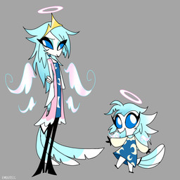 4_wings anthro blue_eyes blue_hair clothed clothing crown disembodied_wings feathered_wings feathers female floating_wings hair halo headgear multi_wing simple_background solo standing tiara unusual_anatomy unusual_wings wings young young_anthro emositecc hellaverse helluva_boss octavia_(helluva_boss) angel avian bird owl 1:1 colored hi_res