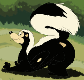 3_toes animal_genitalia animal_penis anus balls black_body black_fur closed_smile feet feral fully_sheathed fur genitals grass male mouth_closed nude outside penis plant presenting raised_leg raised_tail sheath smile solo tail toes whisker_spots whiskers white_body white_fur fizzpop ox_tales cecil_(ox_tales) mammal mephitid skunk hi_res signature
