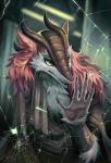 ambiguous_gender claws clothed clothing fur green_eyes horn mane red_body red_fur scar solo white_body white_fur novere tespia krysune mammal sergal