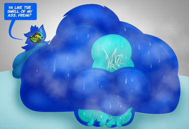 3_toes anthro anus balls big_anus big_balls big_breasts big_butt big_feet blue_body blue_fur blue_hair bodily_fluids breasts butt butt_focus claws clothed clothing cybernetics feet fur genitals gynomorph hair huge_anus huge_balls huge_butt huge_hips hyper hyper_anus hyper_butt intersex long_tail looking_at_viewer looking_back machine musk musky_anus musky_balls musky_butt open_mouth partially_clothed paws protogen_visor rear_view simple_background solo speech_bubble sweat sweatdrop sweaty_butt sweaty_genitalia sweaty_paws tail text toes wide_hips yellow_eyes sokoyo_owo starry_(sokoyo_owo) canid canine cyborg mammal protogen english_text hi_res