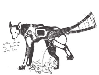 ambiguous_gender animal_genitalia bodily_fluids dialogue duo feral genital_fluids genitals machine male sheath spread_legs spreading tail tail_motion tailwag urine watersports archangel_hot_(artist) bungie destiny_(series) destiny_2 marathon_(series) archangel_(destiny) fellini_(marathon) canid canine canis domestic_cat domestic_dog felid feline felis mammal robot robot_feral black_and_white hi_res monochrome sketch