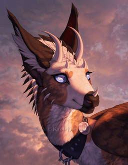 brown_body brown_fur collar day detailed_background feral fur horn outside sky solo white_body white_fur katie_hofgard mythology dragon furred_dragon furred_scalie mythological_creature mythological_scalie scalie 2015 digital_media_(artwork) headshot_portrait portrait