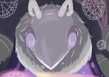 antennae_(anatomy) anthro biped cloak clothing female fur grey_body grey_fur looking_at_object melee_weapon neck_tuft purple_cloak purple_clothing purple_eyes simple_background solo sword tuft weapon fluxfoxart seer_(hollow_knight) arthropod insect lepidopteran moth absurd_res digital_media_(artwork) digital_painting_(artwork) hi_res painting_(artwork) shaded signature