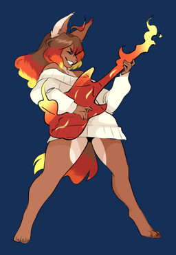 ahoge anthro bottomless clothed clothing electric_guitar female fire fur grin guitar hair musical_instrument plucked_string_instrument simple_background smile solo string_instrument sweater topwear cosmicminerals larroqm caradhina canid canine mammal 2018 alpha_channel digital_media_(artwork)