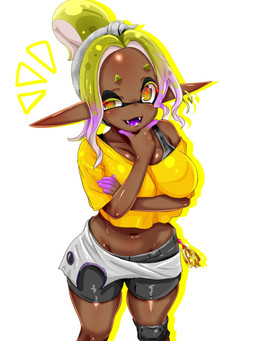 arm_under_breasts big_breasts bottomwear bra breasts clothed clothing collarbone crop_top dark_body dark_skin emanata eyebrows female glistening glistening_body glistening_skin humanoid_pointy_ears midriff navel off_shoulder pointy_ears pseudo_hair shirt shorts solo tentacle_hair tentacles topwear underwear yellow_eyes t2ukmyjm nintendo splatoon frye_(splatoon) animal_humanoid aquatic cephalopod humanoid inkling mollusk mollusk_humanoid 2026 hi_res