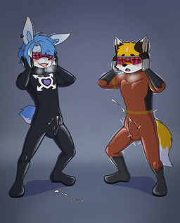 4_fingers anthro aroused aroused_face balls_outline bangs black_bodysuit black_clothing black_latex black_nose black_skinsuit black_spandex blue_body blue_ears blue_fur blue_hair blue_inner_ear bodily_fluids bodysuit boots brainwashing breath brown_body brown_ears brown_eyebrows brown_fur buckteeth bulge cheek_tuft claws clothing crying cum cum_in_clothing cum_through_clothing cumshot dazed detailed_bulge dipstick_ears duo ear_markings ear_piercing ear_ring ejaculation emanata erection erection_under_clothing eyebrows eyewear eyewear_on_head facial_tuft finger_claws fingers footwear fox_ears fox_tail fur genital_fluids genital_outline gloves grey_background hair hand_on_head handwear heart_symbol highlights_(coloring) hypnotic_visor latex latex_boots latex_clothing latex_footwear latex_gloves latex_handwear latex_skinsuit leaking_cum long_ears looking_pleasured male markings mind_control multicolored_ears open_mouth panting penis_outline piercing pink_eyes rabbit_ears red_bodysuit red_clothing red_eyes red_latex red_skinsuit red_spandex ring_piercing scut_tail shoes short_tail simple_background skinsuit spandex spandex_clothing squirming struggling superhero superhero_costume sweat sweatdrop tail tan_inner_ear tears teeth tenting tight_clothing tongue tongue_out transformed_clothing tuft wet wet_clothing white_body white_ear_tips white_eyebrows white_fur white_highlights yellow_body yellow_fur young young_anthro young_male lmania329 rest_(lmania329) canid canine canis fox lagomorph leporid mammal rabbit hi_res sequence