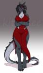 anthro big_breasts breasts clothed clothing crossed_arms dress female horn looking_at_viewer non-mammal_breasts resting_bitch_face simple_background solo standing tail wide_hips kittydee mythology siya_(xenon-the-wolf) dragon mythological_creature mythological_scalie scalie digital_media_(artwork) hi_res shaded watermark