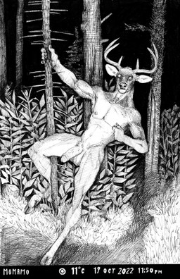 anthro antlers balls camera_view erection flaccid foreskin forest genitals hooves horn humanoid_genitalia humanoid_penis male night nipples nude outside partially_retracted_foreskin penis plant public public_erection solo tree unguligrade momamo cervine deer mammal absurd_res hi_res monochrome traditional_media_(artwork)