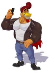 anthro avian bird brush chicken clothed clothing enchanted_portals galliform gallus_(genus) hairbrush hi_res jacket lewdookami looking_at_viewer male muscular muscular_male pecs phasianid rocky_(enchanted_portals) shaved smile solo topwear