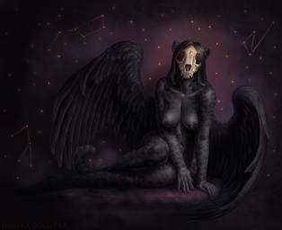 anthro areola black_body black_feathers black_fur black_hair black_nipples bone breasts feathered_wings feathers female fur hair markings nipples nude skull skull_head solo spots spotted_body spotted_fur wings himeragoldtail felid leopard mammal pantherine 2020 digital_media_(artwork)