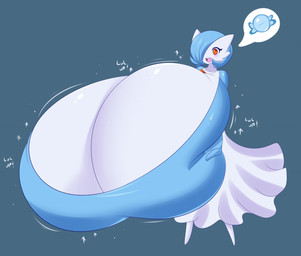 big_breasts blue_background blue_hair blush breast_expansion breast_squish breasts candy chest_spike cleavage cleavage_overflow clothed clothing dessert dress expansion female food gameplay_mechanics glistening glistening_breasts hair huge_breasts hyper hyper_breasts level_up motion_lines orange_eyes pink_tongue pseudo_clothing rare_candy short_hair simple_background solo speech_bubble spikes spikes_(anatomy) squish teeth teeth_showing tongue white_body white_clothing white_dress white_skin jcdr nintendo pokemon lucy_(jcdr) gardevoir generation_3_pokemon pokemon_(species) shiny_pokemon 2017 pictographics