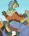 anthro biped butt clothed clothing detailed_background duo eyewear female fur glasses green_body green_fur horn looking_at_viewer looking_back looking_back_at_viewer male multicolored_body multicolored_fur multicolored_tail open_mouth purple_tail rear_view sat_on sitting_on_another tail tan_body tan_fur tongue tongue_out yolabayola1 capcom monster_hunter alma_(monster_hunter) human mammal seikret absurd_res hi_res
