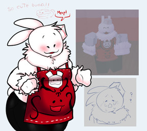 anthro apron belly big_belly biped blush bodily_fluids clothed clothing crying daww feral fur long_ears male merp monotone_body neck_tuft official_alternate_costume overweight overweight_male red_clothing simple_background simple_eyes smile soda_jerk_(clothing) solo standing tail tears text thick_thighs topwear tuft white_body white_fur fabtoon forsaken_(roblox) roblox elliot_(forsaken) gubby_(roblox) gubby_(species) lagomorph leporid mammal rabbit robloxian english_text sketch