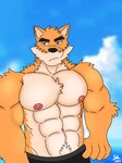 abs anthro areola black_bottomwear black_clothing black_nose black_pants blue_eyes blue_sky bottomwear clothing fur looking_at_viewer male muscular muscular_anthro muscular_male nipples orange_body orange_fur pants pecs sky solo saddragon16_(artist) otake canid canine mammal 2025 dated signature