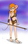 anklet anthro armor bodily_fluids breasts ear_piercing ear_ring female green_eyes hair jewelry leather leather_armor looking_at_viewer macro melee_weapon micro necklace nipples orange_hair piercing pink_nipples polearm ring_piercing solo spear standing tan_body weapon xtreme7 chip_'n_dale_rescue_rangers disney gadget_hackwrench mammal mouse murid murine rodent 2011 hi_res