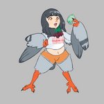 black_hair bottomwear clothing crop_top feathers female grey_body grey_feathers hair hotpants money orange_eyes shirt shorts simple_eyes solo thank_you topwear obnoxiouscanary obscenecanary european_mythology greek_mythology mythology animal_humanoid avian avian_humanoid bird bird_humanoid columbid columbid_humanoid harpy humanoid mythological_avian mythological_creature pigeon 1:1 hi_res