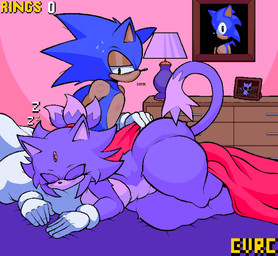 after_sex anthro bed bedroom big_butt bite_mark blue_body blue_fur bodily_fluids butt clothing dresser duo female forehead_gem fur furniture gem gloves gloves_only hair handwear handwear_only lamp male male/female mostly_nude nude nude_female pillow ponytail portrait_(object) purple_body purple_fur sleeping sound_effects sweat tail voluptuous_female vowelless vowelless_sound_effect zzz evrc sega sonic_the_hedgehog_(series) blaze_the_cat sonic_the_hedgehog domestic_cat eulipotyphlan felid feline felis hedgehog mammal hi_res