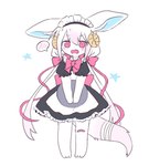 anthro bandage black_uniform blush blush_lines clothing female fluffy fluffy_tail fur hair horn kemono maid_uniform nervous open_mouth pink_pupils plate pupils ribbons solo star tail uniform white_body white_fur white_hair krande lu-chan ambiguous_species mammal hi_res