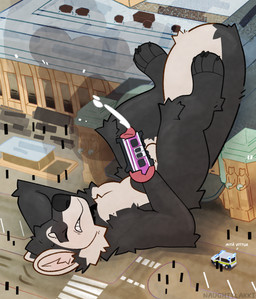 animal_genitalia animal_penis anthro black_body bodily_fluids canine_genitalia canine_penis car city cum cum_string cumshot destruction ejaculation fluffy genital_fluids genitals helsinki_(city) knot lying macro male masturbation micro on_back penis police police_car police_vehicle public_transportation rooftop sculpture smoke solo statue text train train_station tuft vehicle lakkithefox mammal procyonid raccoon finnish_text hi_res