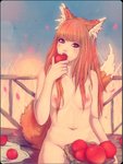 apple border breasts brown_hair convenient_censorship dipstick_tail eating female field food fruit hair long_hair looking_at_viewer markings misleading_thumbnail multicolored_tail nipples nude petals plant pupils red_eyes slit_pupils small_breasts solo tail tail_markings transparent_border soranamae spice_and_wolf holo_(spice_and_wolf) animal_humanoid canid canid_humanoid canine canine_humanoid canis humanoid mammal mammal_humanoid wolf_humanoid 3:4 alpha_channel