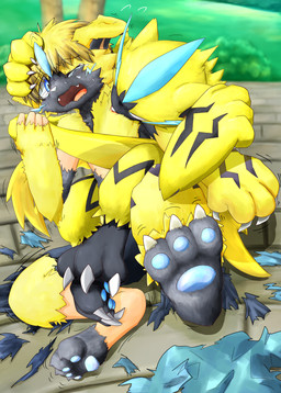 3_toes 4_fingers ambiguous_gender anthro arm_grab assimilation bite black_body black_fur black_stripes blonde_hair blood blue_eyes blue_pawpads blurred_background blush bodily_fluids body_part_growth bottomwear claw_growth claws clothing day detailed_background duo ear_expansion expansion fangs feet finger_claws fingers flying_sweatdrops forced forced_transformation fur fur_growth grabbing_from_behind grappling grass growth hair head_grab human_to_anthro mid_transformation one_eye_closed open_mouth outside pants pawpads plant shadow shirt short_hair shoulder_bite species_transformation stripes sweat sweatdrop tears teeth toe_claws toes topwear torn_bottomwear torn_clothing torn_pants torn_shirt torn_topwear transformation yellow_body yellow_fur juutton nintendo pokemon felid feline generation_7_pokemon human legendary_pokemon mammal pokemon_(species) zeraora absurd_res hi_res shaded