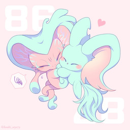 aged_down ambiguous_gender big_ears biped bipedal_feral blush blush_stickers bodily_fluids duo emanata embarrassed feral fluffy fluffy_tail frustration_cloud fur happy heart_symbol hug legless mouthless notched_ear pink_background pink_body pink_fur simple_background speech_bubble sweat sweatdrop tail teal_body teal_fur text kuuki_soyo79 kirby_(series) kirby_and_the_forgotten_land nintendo elfilin fecto_forgo alien chinchilla chinchillid mammal rodent starling_(kirby) 1:1 2023 artist_name digital_drawing_(artwork) digital_media_(artwork) hi_res male_(lore)