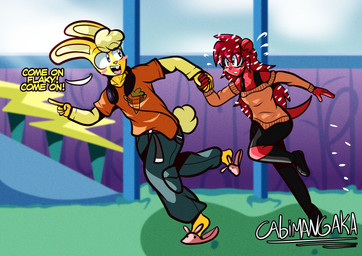 absolute_territory amusement_park anthro belt belt_buckle black_bottomwear black_clothing black_footwear black_shoes black_shorts black_socks blonde_hair blue_bottomwear blue_clothing blue_headphones blue_pants blush blush_lines bottomwear bra breasts buckle buckteeth cargo_pants carrot cleavage clothed clothing cotton_tail dandruff dialogue duo electronics feet female fluffy fluffy_hair food footwear fur gesture hair hand_gesture hand_holding headphones layered_clothing layered_shirt light light_beam long_hair long_sleeve_shirt long_socks looking_at_another male male/female medium_breasts midriff nervous off_shoulder orange_clothing orange_shirt orange_t-shirt orange_topwear pants pink_slippers plant pointing portable_music_player red_body red_fur running shirt shoes shorts slippers smile smiling_at_another socks soles sunbeam sunlight t-shirt teeth text topwear underwear vegetable yellow_body yellow_clothing yellow_fur yellow_shirt yellow_topwear cabimangaka apple_inc. happy_tree_friends ipod mondo_media cuddles_(htf) flaky_(htf) lagomorph leporid mammal porcupine rodent absurd_res english_text hi_res shaded signature
