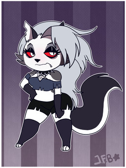 alternative_fashion angry anthro black_nose border breasts butt chest_tuft chibi claws clothing collar eyebrows feet female fingers fur goth grey_body grey_fur hair long_hair multicolored_body multicolored_fur pose red_sclera simple_background solo tuft white_border white_eyes j.fbelen happy_tree_friends hellaverse helluva_boss loona_(helluva_boss) canid canine demon hybrid mammal hi_res pinup