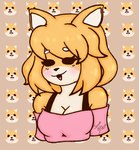 anthro blush breasts cleavage clothed clothing female fur jammie open_mouth pink_clothing simple_background solo tan_body tan_fur topwear jazvol butterscotch_(peargor) canid canine canis domestic_dog mammal shiba_inu spitz absurd_res hi_res