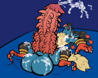 anthro armor balls bed big_balls big_penis blue_body bodily_fluids bracers chest_tuft cum cum_on_balls cum_on_chest cum_on_face cum_on_own_face cum_on_self curling_toes dreadlocks ejaculation exhausted feet furniture genital_fluids genitals grabbing_sheets hands-free huge_balls huge_penis hyper hyper_balls hyper_genitalia hyper_penis knot lying lying_on_bed male multi_genitalia multi_knot on_back on_bed open_mouth orgasm orgasm_face penile_spines penis solo tongue tongue_out tuft fetishame nintendo pokemon luo_(drdiccpicc) generation_4_pokemon lucario pokemon_(species) 5:4 hi_res