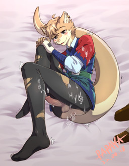 after_anal anthro anus balls bedding bedding_background blue_clothing blue_topwear blush bodily_fluids bottomwear brown_clothing brown_footwear brown_shoes cheek_tuft clothed clothing cum cum_from_ass cum_in_ass cum_inside cum_on_face cum_on_leg ear_piercing erection facial_tuft footwear fur genital_fluids genitals gradient_penis green_clothing green_topwear grey_bottomwear grey_clothing grey_eyes grey_pants hair humanoid_genitalia humanoid_penis looking_at_viewer lying male motion_lines multicolored_penis narrowed_eyes on_side orange_body orange_fur orange_hair pants penis perineum piercing pink_nose pink_penis red_clothing red_topwear shoes solo tan_balls tan_body tan_fur tan_penis topwear torn_bottomwear torn_clothing torn_pants tuft two_tone_penis papayafurry species_request 2022 dated full-length_portrait hi_res portrait signature