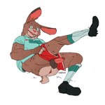 anthro anus balls bottomwear bottomwear_down brown_body brown_fur butt clothed clothing footwear fur genitals male pants pants_down partially_clothed penis shirt shoes shorts simple_background socks solo topwear white_background conditional_dnp sinibun_95 lagomorph leporid mammal rabbit 1:1 hi_res