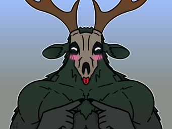 anthro antlers arm_tuft big_muscles big_pecs blep blush blush_lines bone chest_tuft cute_fangs fangs fingers_together fingertips_touching fluffy_ears front_view fur green_body green_fur grey_body happy horn huge_pecs index_to_index inner_ear_fluff male multicolored_body muscular muscular_male neck_tuft pecs shoulder_tuft simple_background skull skull_head solo teeth tongue tongue_out tuft two_tone_body white_eyes c4r4 american_mythology indigenous_north_american_mythology mythology north_american_mythology deerhead_(c4r4) monster wendigo 4:3 absurd_res hi_res