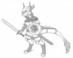 anthro armor digitigrade fur hair male melee_weapon military shield simple_background soldier solo sword tail warrior weapon white_background mirroidal mythology dragon furred_dragon furred_scalie mirroid mythological_creature mythological_scalie scalie 2014 black_and_white digital_media_(artwork) monochrome sketch