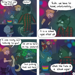 bar bar_stool belt black_clothing black_shirt black_topwear blep blue_hair bottomwear cigarette clothing dialogue flannel_shirt four_frame_image fur furniture grey_body grey_fur group hair hat headgear headwear holding_cigarette holding_object inside lgbt_pride looking_at_tail male pansexual_pride_colors pants pattern_clothing pattern_shirt pattern_topwear pink_clothing pink_shirt pink_topwear pride_colors profanity shirt sitting_on_stool smile smoke speech_bubble spiked_belt spikes stool striped_clothing striped_shirt striped_topwear stripes tail tail_motion tailwag text tongue tongue_out topwear vest yellow_body yellow_fur kriek_wildebeest boris_(kriek_wildebeest) jeremy_(kriek_wildebeest) parker_(kriek_wildebeest) tom_(kriek_wildebeest) bird_dog border_collie canid canine canis cavalier_king_charles_spaniel collie domestic_dog herding_dog hunting_dog husky hybrid mammal nordic_sled_dog pastoral_dog sheepdog spaniel spitz toy_dog wolf 1:1 comic english_text hi_res brother_(lore) brothers_(lore) sibling_(lore)