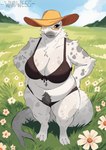 anthro belly bikini clothed clothing crotch_tuft eyewear female fin flower front_view fur glasses hat headgear headwear meadow outside overweight overweight_anthro overweight_female plant skimpy solo standing sun_hat swimwear tail tail_fin thick_thighs tuft two-piece_swimsuit whiskers white_body white_fur wandwess helena_(ghostmexicanwolf) harp_seal mammal marine pinniped seal hi_res