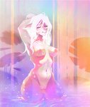 anthro breasts ears_back eyes_closed female genitals hair hands_behind_head multicolored_body navel nipples partially_submerged pivoted_ears pond puffy_nipples pussy smile solo standing two_tone_body white_hair deardrear felid feline mammal 2020 hi_res