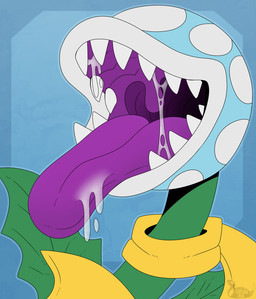 blue_background bodily_fluids feral male mouth_shot open_mouth plant purple_tongue saliva scarf simple_background spots tongue tongue_out uvula vore white_spots yellow_scarf kaitonomsx mario_bros nintendo elemental_creature flora_fauna piranha_plant 2026 hi_res watermark