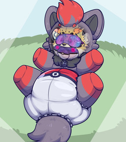 ambiguous_gender anthro bdsm bitchsuit blush blush_stickers bondage_gear brown_markings brown_nose clean_diaper diaper facial_markings fur glistening_diaper grass head_markings heart_eyes heart_symbol hypnosis hypnotic_visor inner_ear_fluff lying markings mind_control multicolored_body multicolored_fur object_in_mouth on_back pacifier pacifier_in_mouth plant plushsuit pokeball pokeball_diaper simple_background solo spotted_face tan_body tan_fur tan_inner_ear tan_inner_ear_fluff tuft x-ray_view yellow_body yellow_fur zipper ludis-luteo nintendo pokemon spottykitten cheetah felid feline generation_5_pokemon mammal pokemon_(species) zorua 2019 absurd_res hi_res
