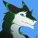 1:1 animated anthro black_body black_fur blue_eyes ear_wiggling eyebrow_wiggle fur green_body green_fur kete looking_at_viewer male sergal short_playtime simple_background smile smiling_at_viewer smirk smirking_at_viewer solo thorsten_anzomi white_body white_fur