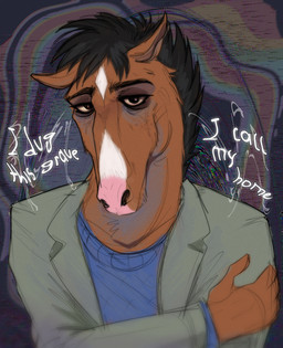 abstract_background anthro black_hair blue_clothing blue_topwear brown_body brown_fur clothed clothing dialogue fur green_clothing green_jacket green_topwear hair jacket looking_at_viewer male narrowed_eyes solo text topwear unsigned white_body white_fur santanahoffman bojack_horseman netflix bojack_horseman_(character) equid equine horse mammal english_text half-length_portrait hi_res portrait